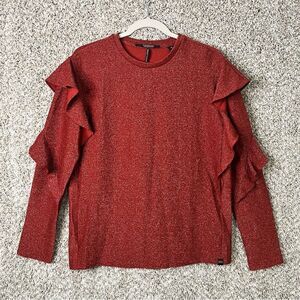 Scotch & Soda Top Women’s Small Dark Red-Orange Lurex Long Ruffle Sleeve Blouse